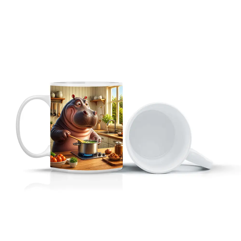 Cartoon Hippo Cooking Soup in Kitchen – Mugs