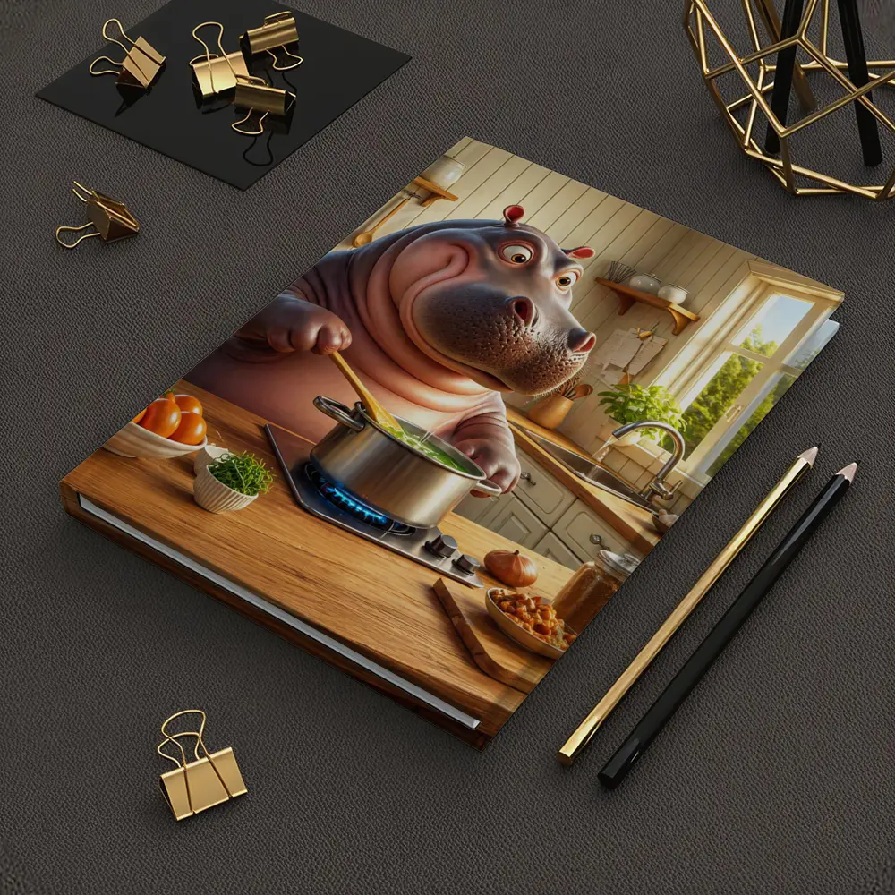 Cartoon Hippo Cooking Soup in Kitchen – Notebooks