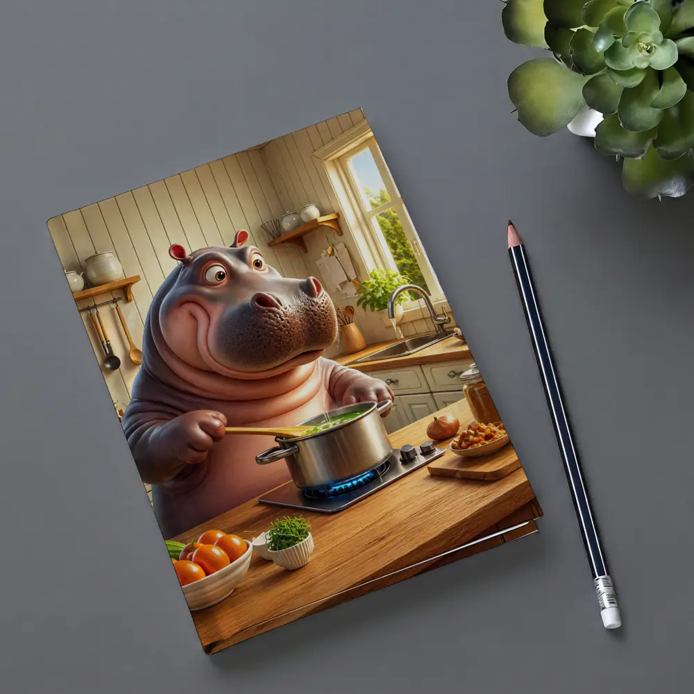 Cartoon Hippo Cooking Soup in Kitchen – Notebooks