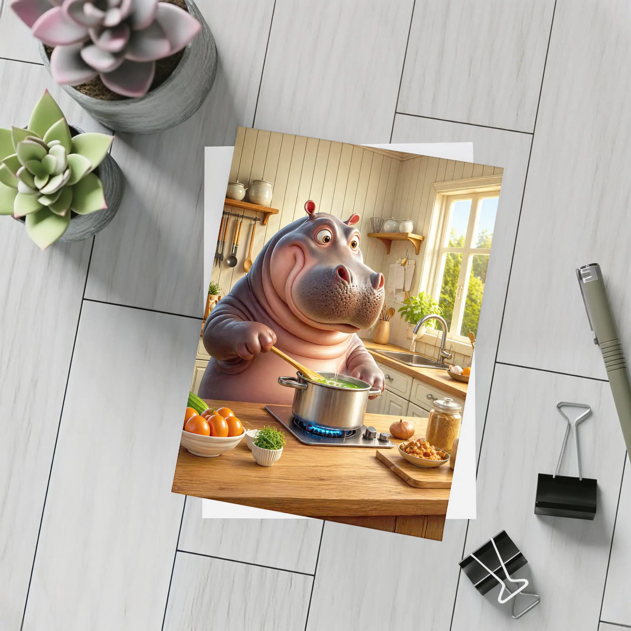 Cartoon Hippo Cooking Soup in Kitchen – Postcards