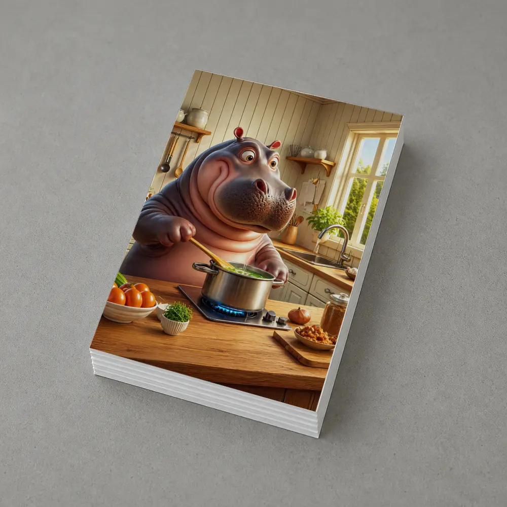 Cartoon Hippo Cooking Soup in Kitchen – Postcards