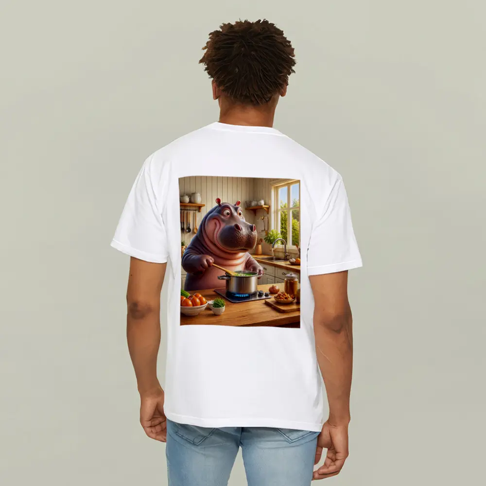 Cartoon Hippo Cooking Soup in Kitchen – T-Shirts