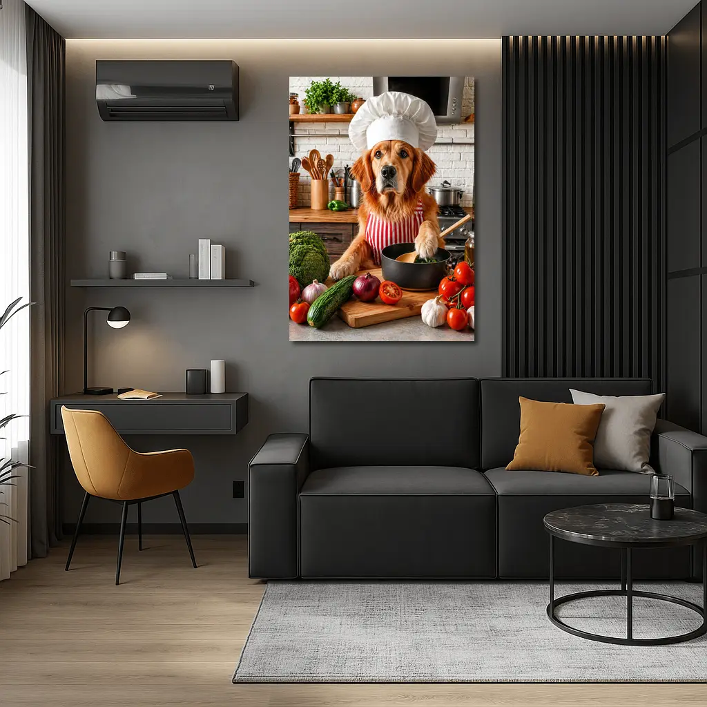 Golden Retriever Chef Cooking in Kitchen – Wall Art