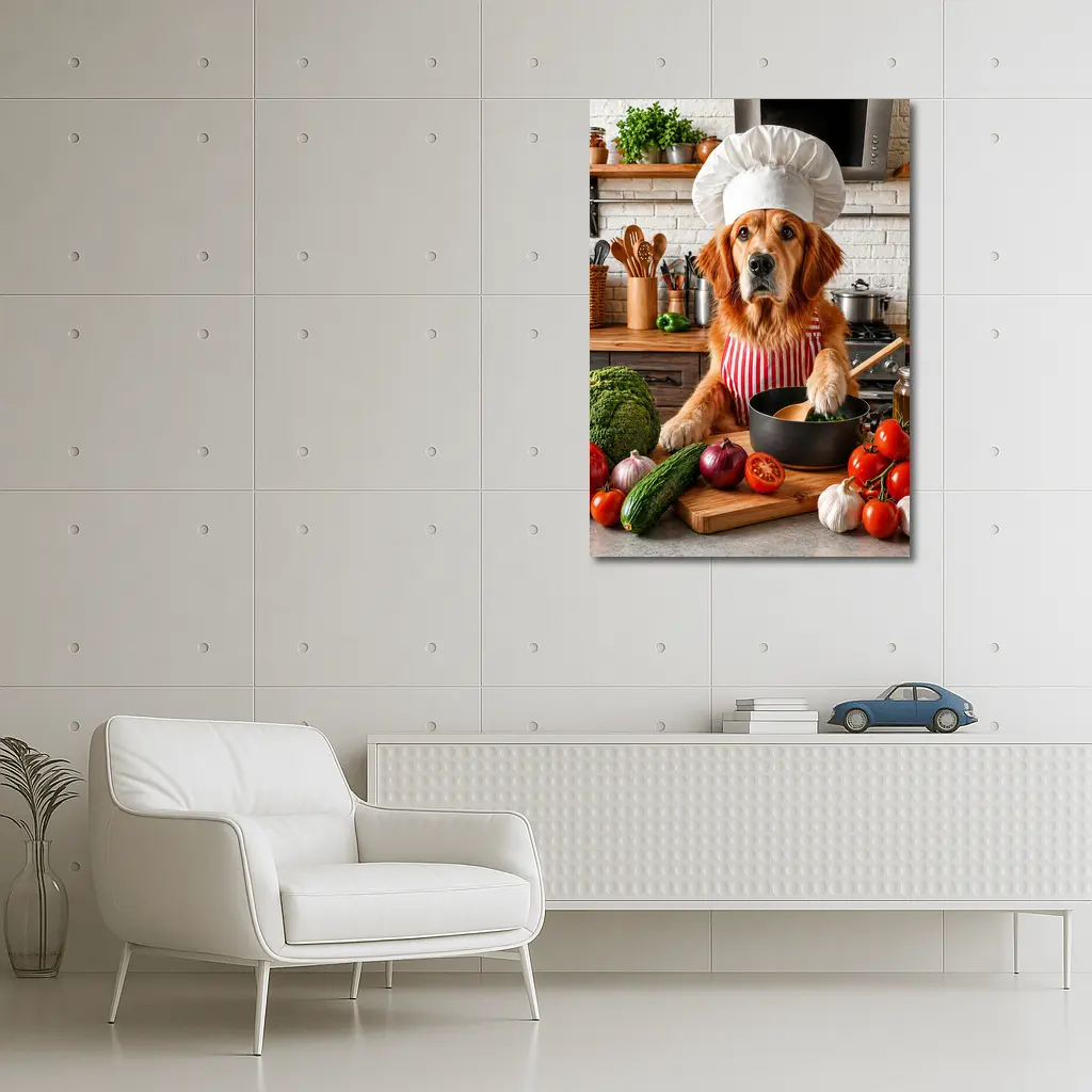 Golden Retriever Chef Cooking in Kitchen – Wall Art