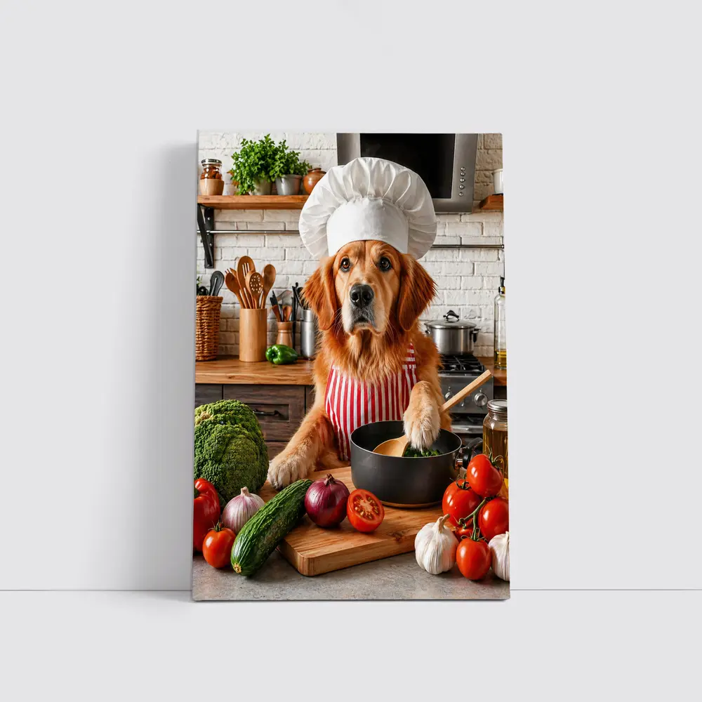 Golden Retriever Chef Cooking in Kitchen – Wall Art