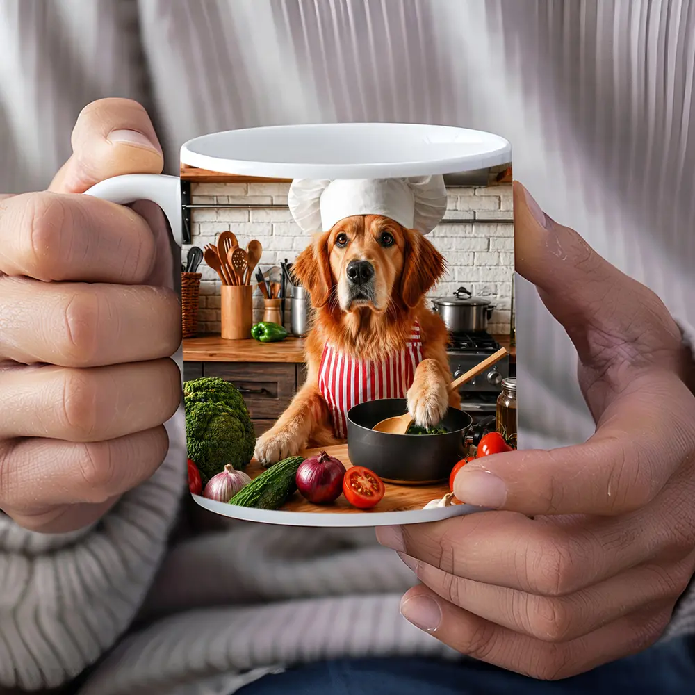 Golden Retriever Chef Cooking in Kitchen – Mugs