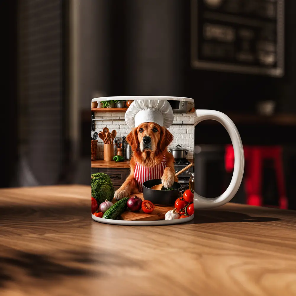 Golden Retriever Chef Cooking in Kitchen – Mugs