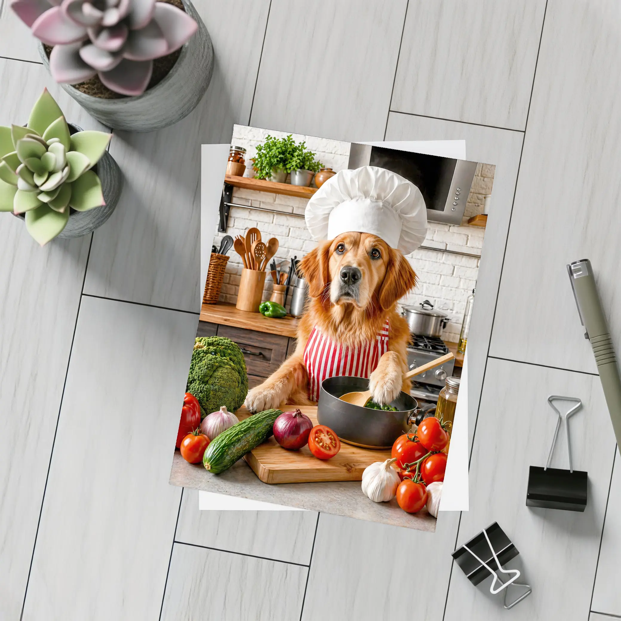 Golden Retriever Chef Cooking in Kitchen – Postcards