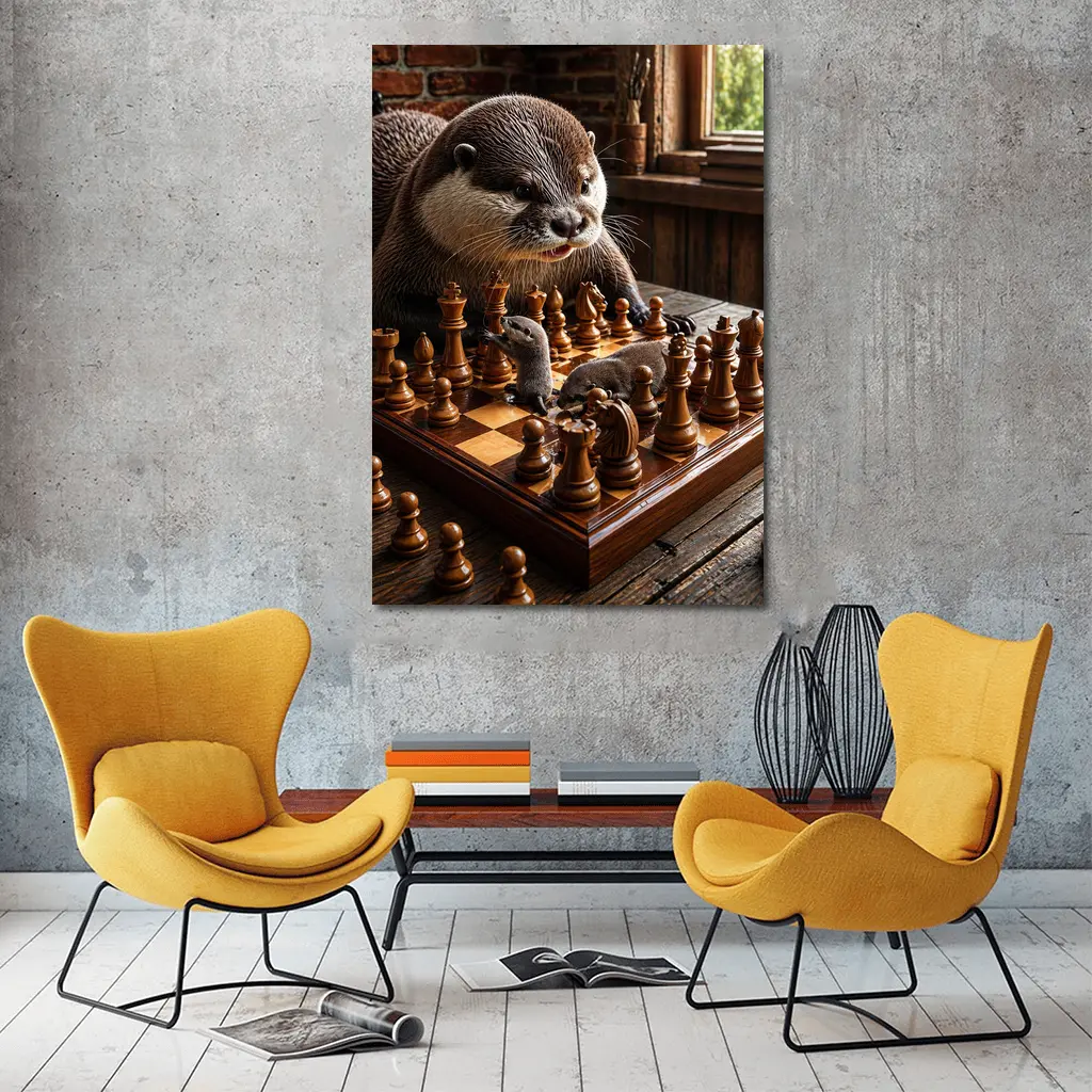 Otter Playing Chess On Wooden Table – Wall Art