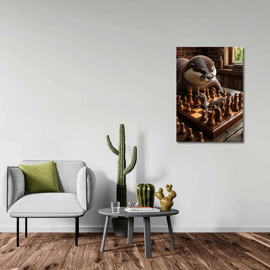 Otter Playing Chess On Wooden Table – Wall Art