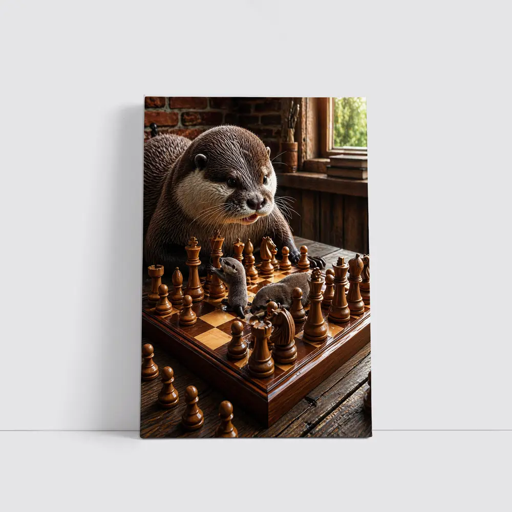 Otter Playing Chess On Wooden Table – Wall Art