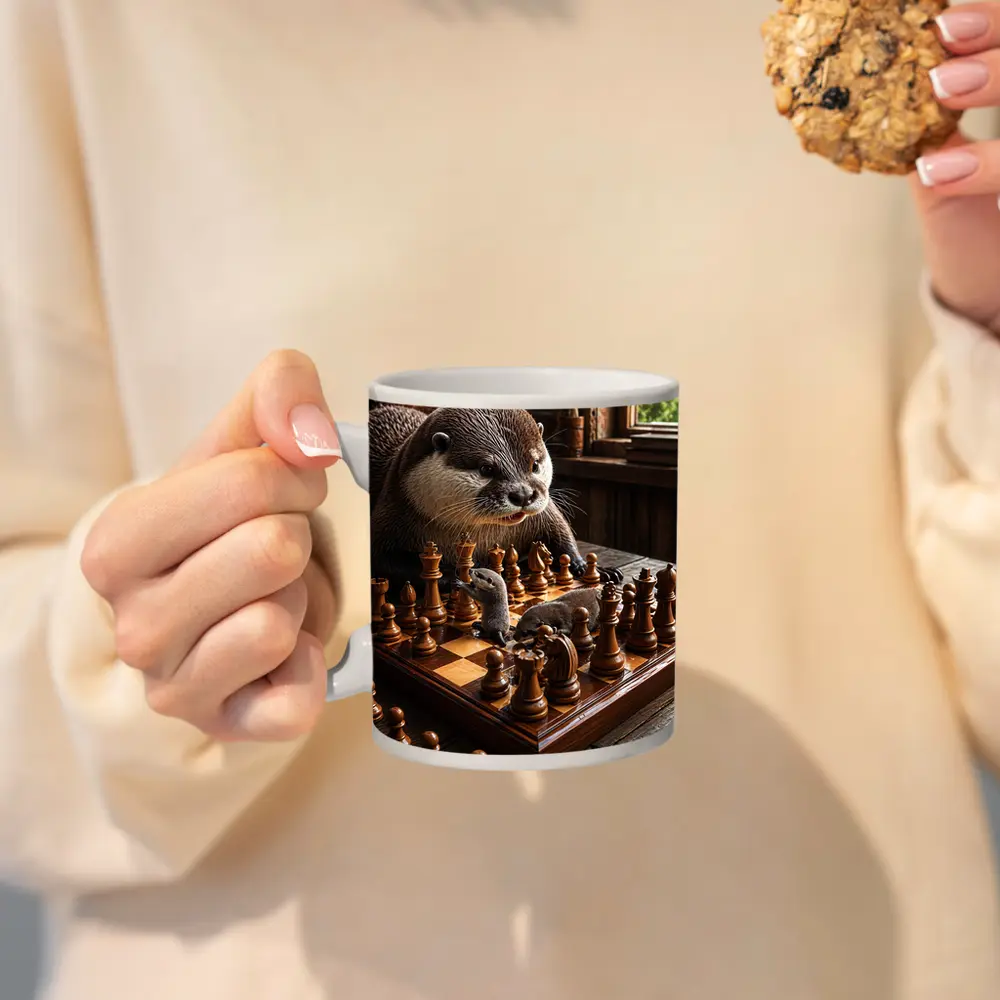 Otter Playing Chess On Wooden Table – Mugs