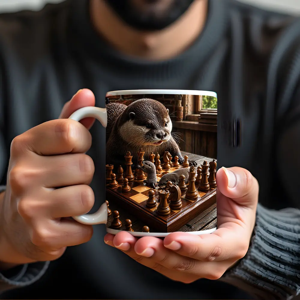 Otter Playing Chess On Wooden Table – Mugs