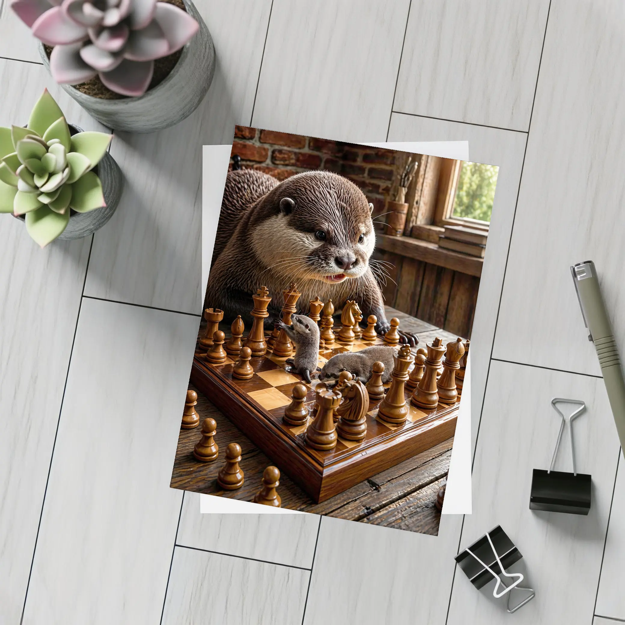Otter Playing Chess On Wooden Table – Postcards