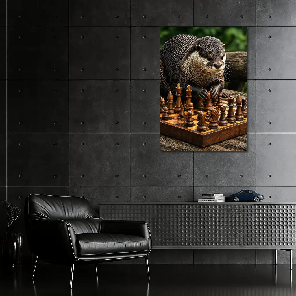 Otter Playing Chess On Wooden Board – Wall Art