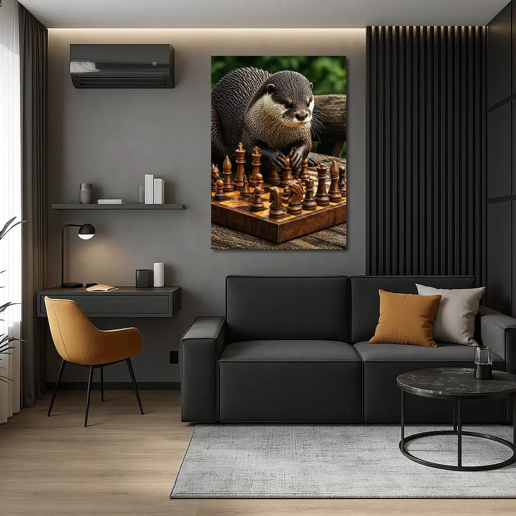 Otter Playing Chess On Wooden Board – Wall Art