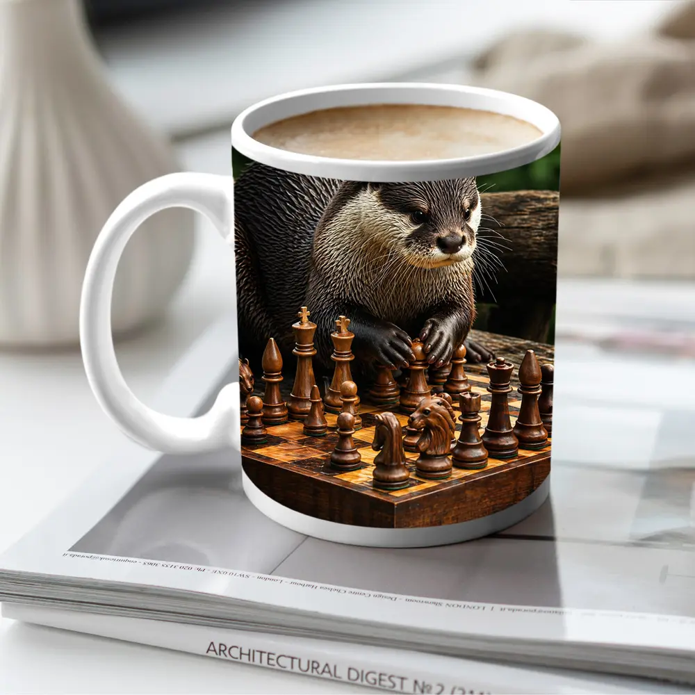 Otter Playing Chess On Wooden Board – Mugs