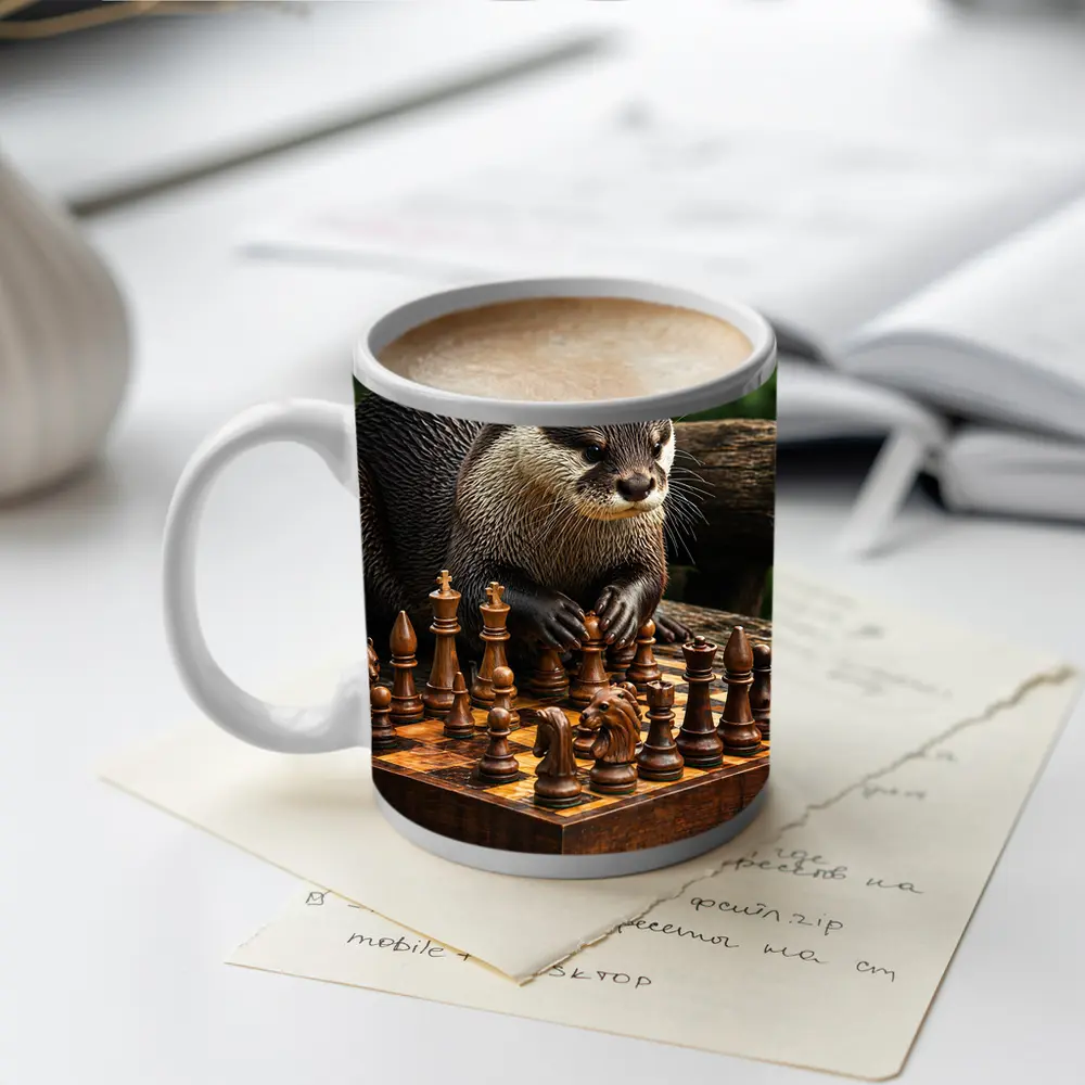 Otter Playing Chess On Wooden Board – Mugs