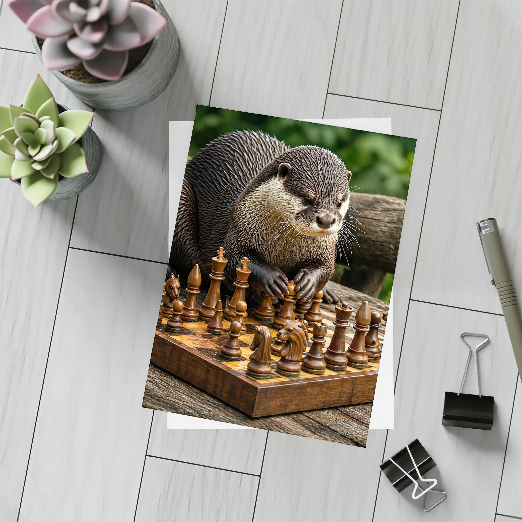 Otter Playing Chess On Wooden Board – Postcards