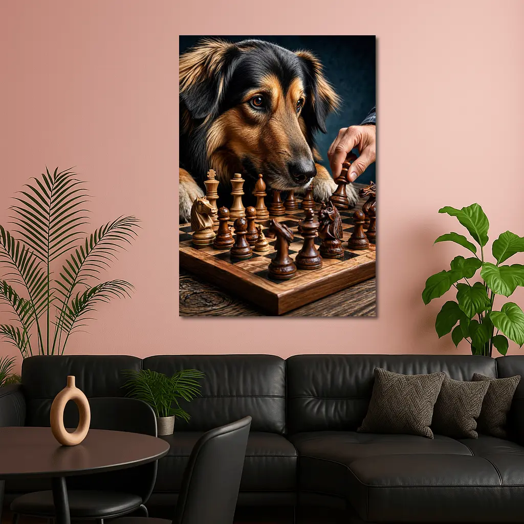 Dog Focused on Chess Board Game – Wall Art