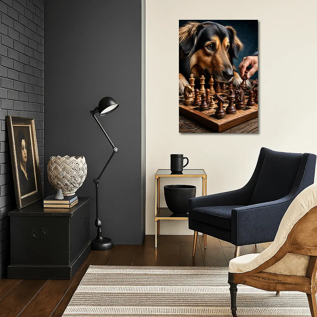 Dog Focused on Chess Board Game – Wall Art