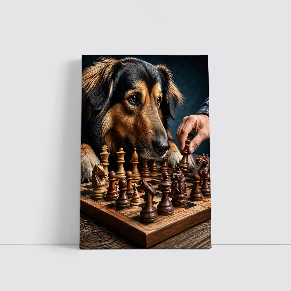Dog Focused on Chess Board Game – Wall Art