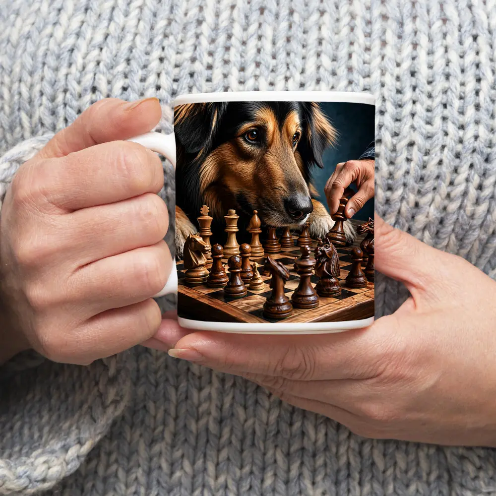 Dog Focused on Chess Board Game – Mugs
