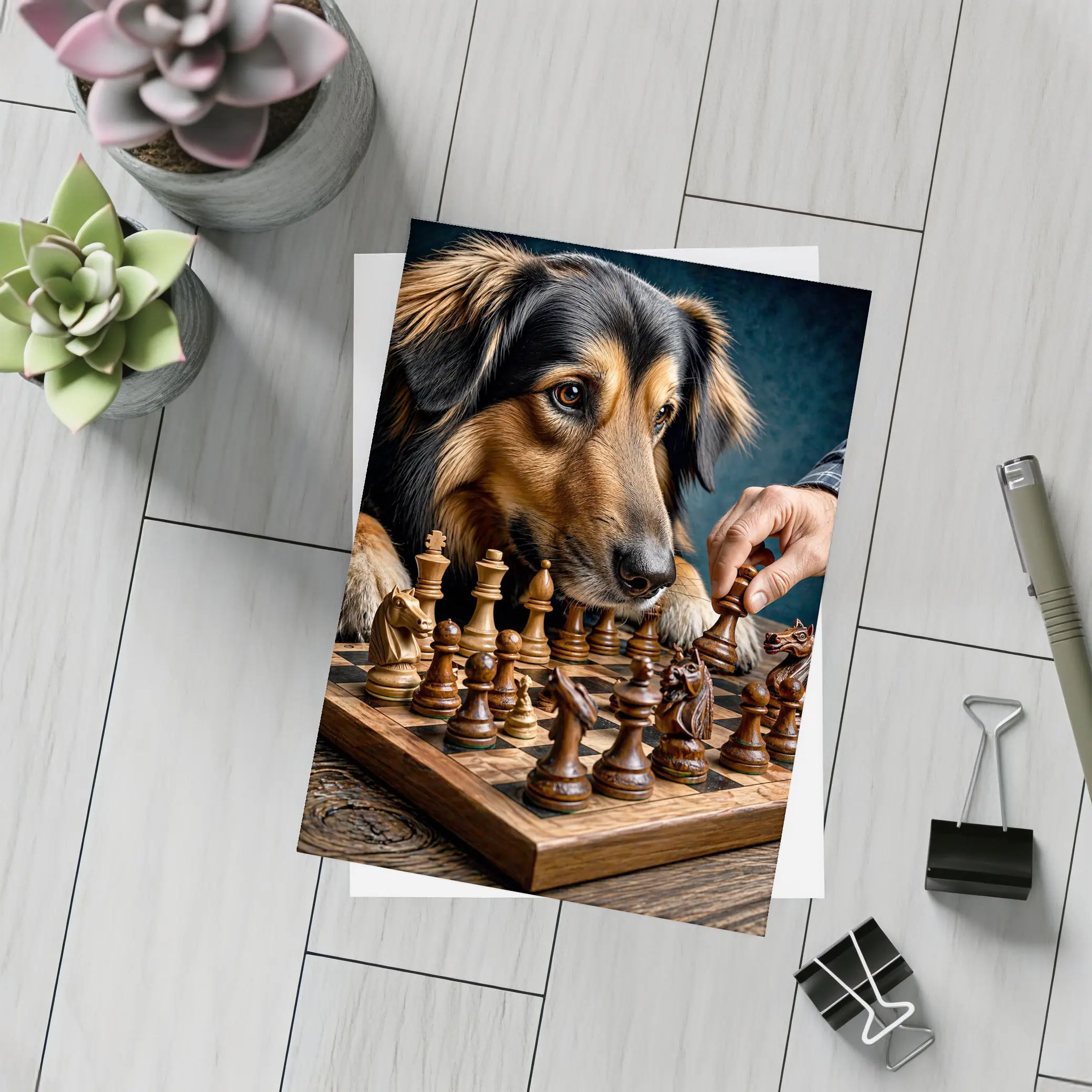 Dog Focused on Chess Board Game – Postcards