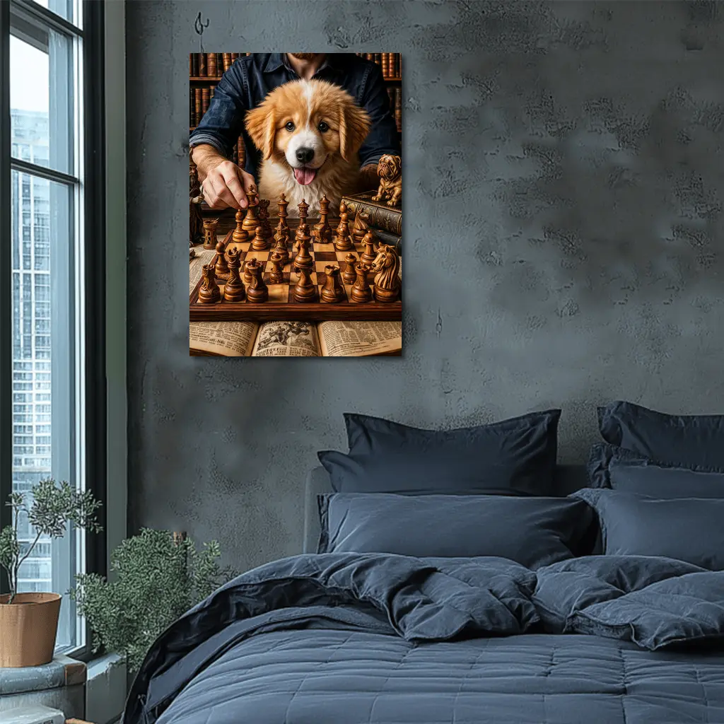 Golden Retriever Puppy Playing Chess Library – Wall Art