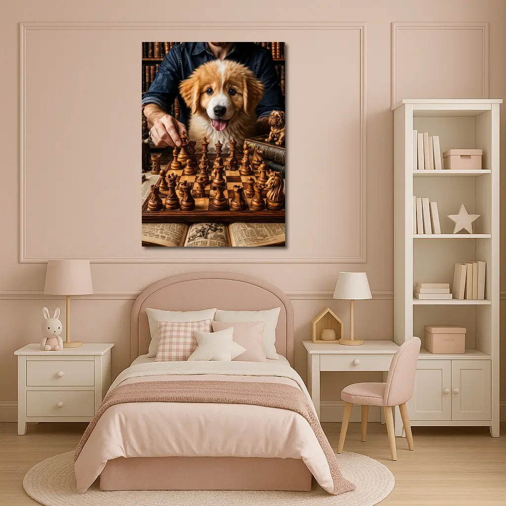 Golden Retriever Puppy Playing Chess Library – Wall Art