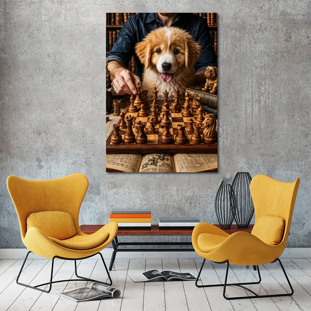 Golden Retriever Puppy Playing Chess Library – Wall Art