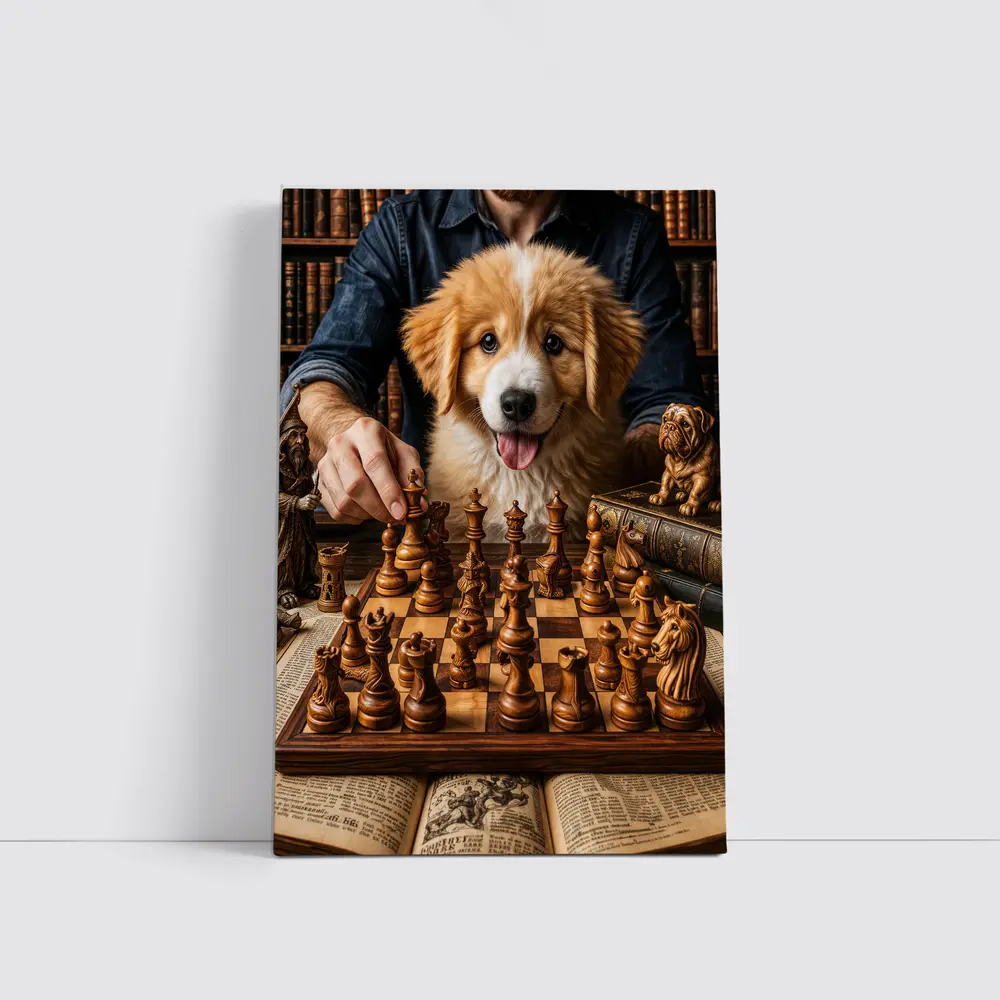 Golden Retriever Puppy Playing Chess Library – Wall Art