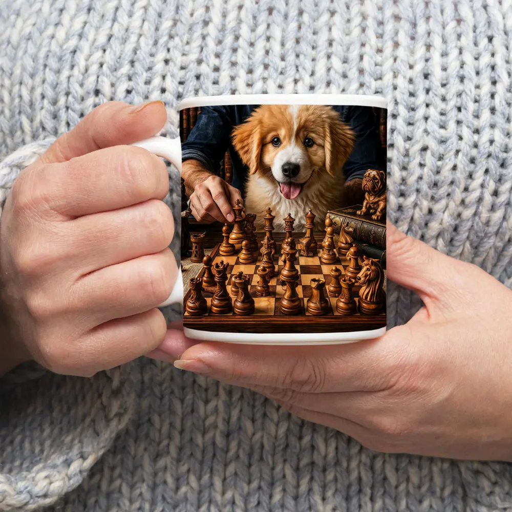 Golden Retriever Puppy Playing Chess Library – Mugs