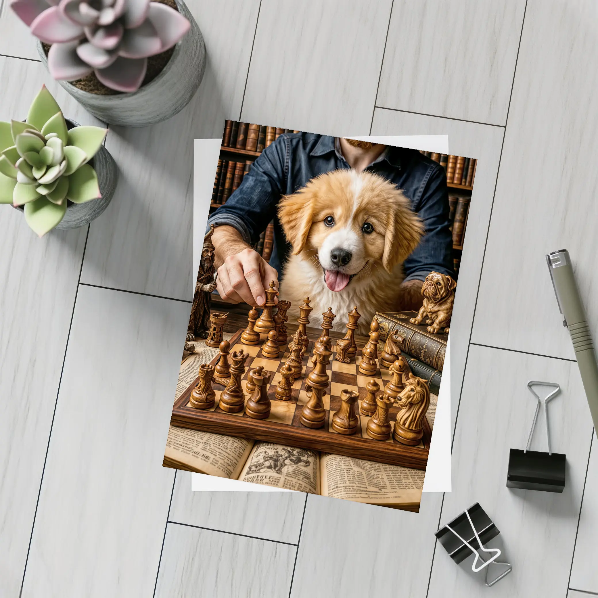 Golden Retriever Puppy Playing Chess Library – Postcards
