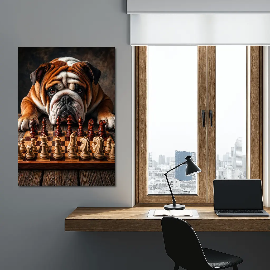 English Bulldog Playing Chess On Wood Table – Wall Art
