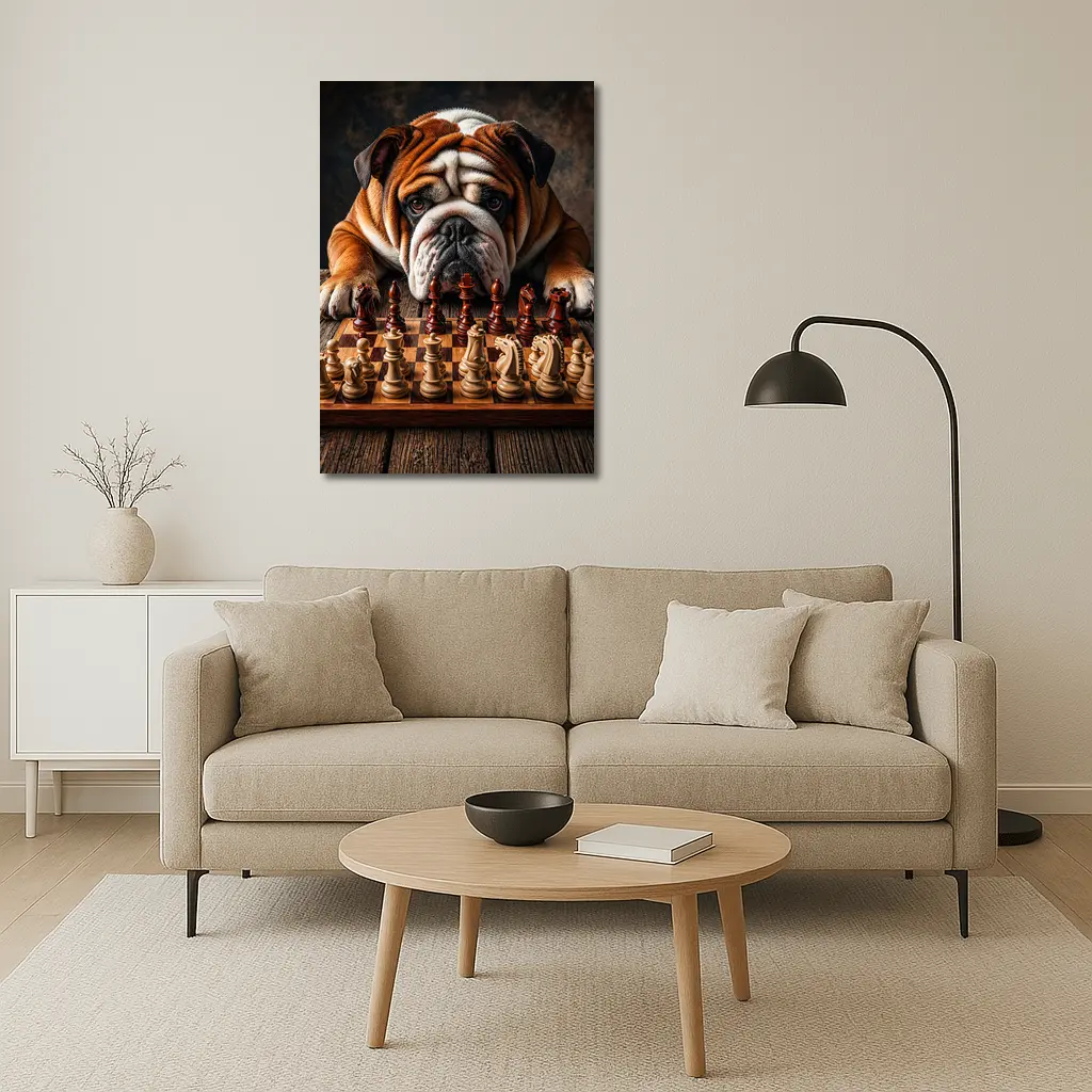 English Bulldog Playing Chess On Wood Table – Wall Art