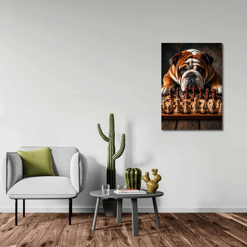 English Bulldog Playing Chess On Wood Table – Wall Art
