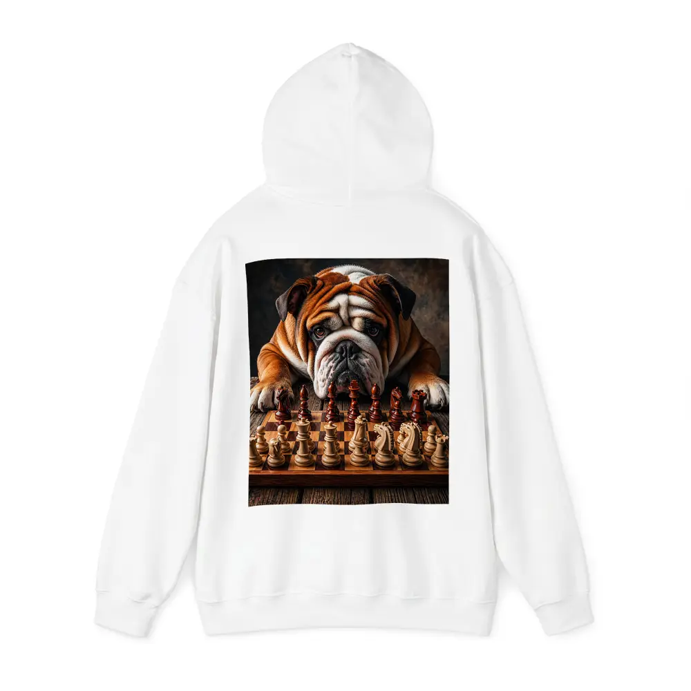 English Bulldog Playing Chess On Wood Table – Hoodies