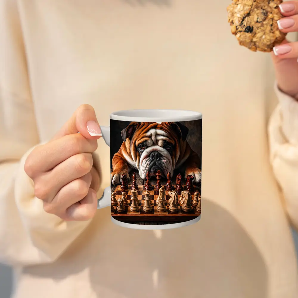 English Bulldog Playing Chess On Wood Table – Mugs