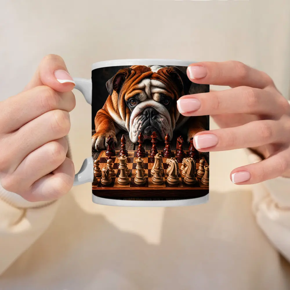English Bulldog Playing Chess On Wood Table – Mugs