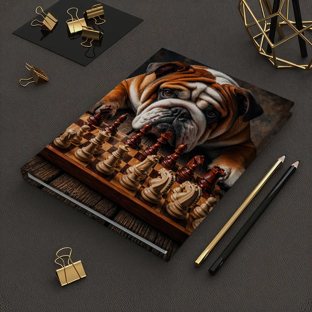 English Bulldog Playing Chess On Wood Table – Notebooks