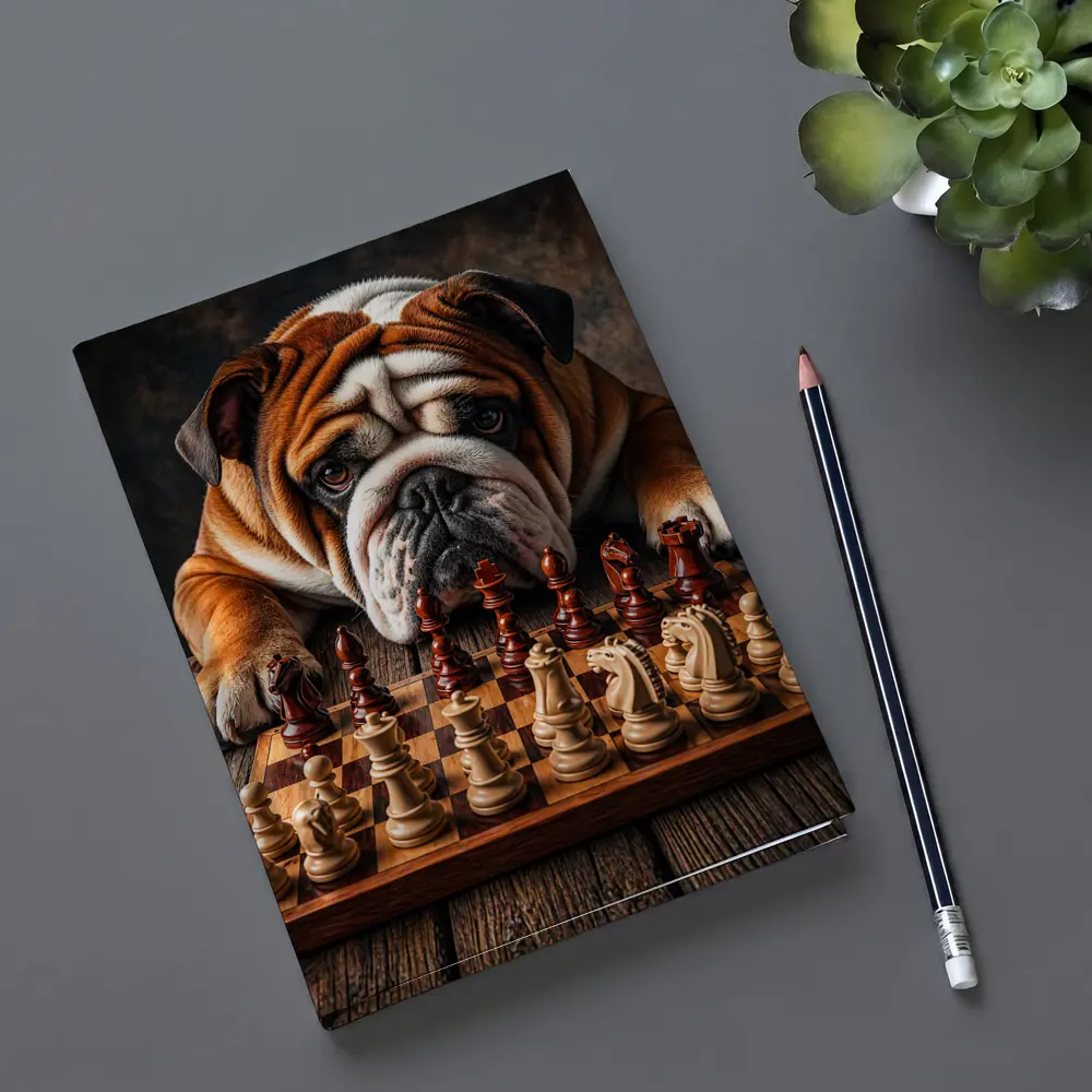 English Bulldog Playing Chess On Wood Table – Notebooks