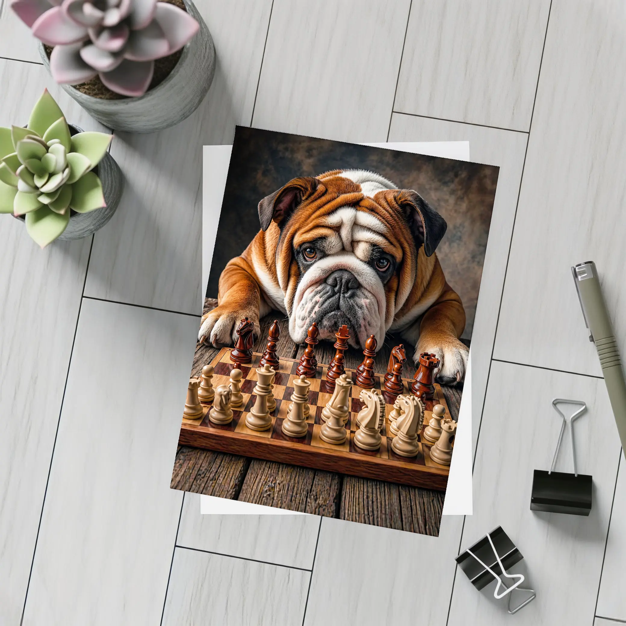 English Bulldog Playing Chess On Wood Table – Postcards
