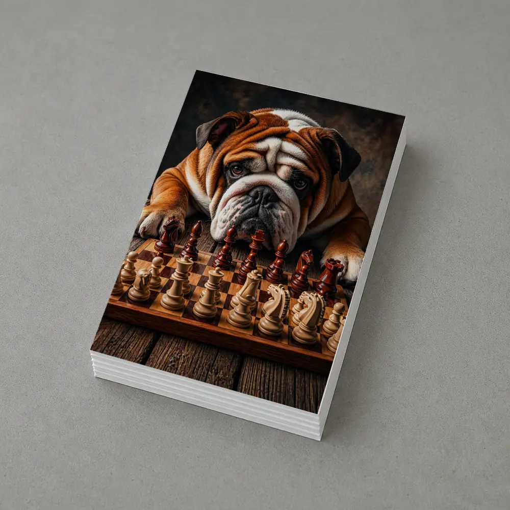 English Bulldog Playing Chess On Wood Table – Postcards