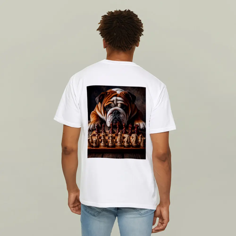 English Bulldog Playing Chess On Wood Table – T-Shirts