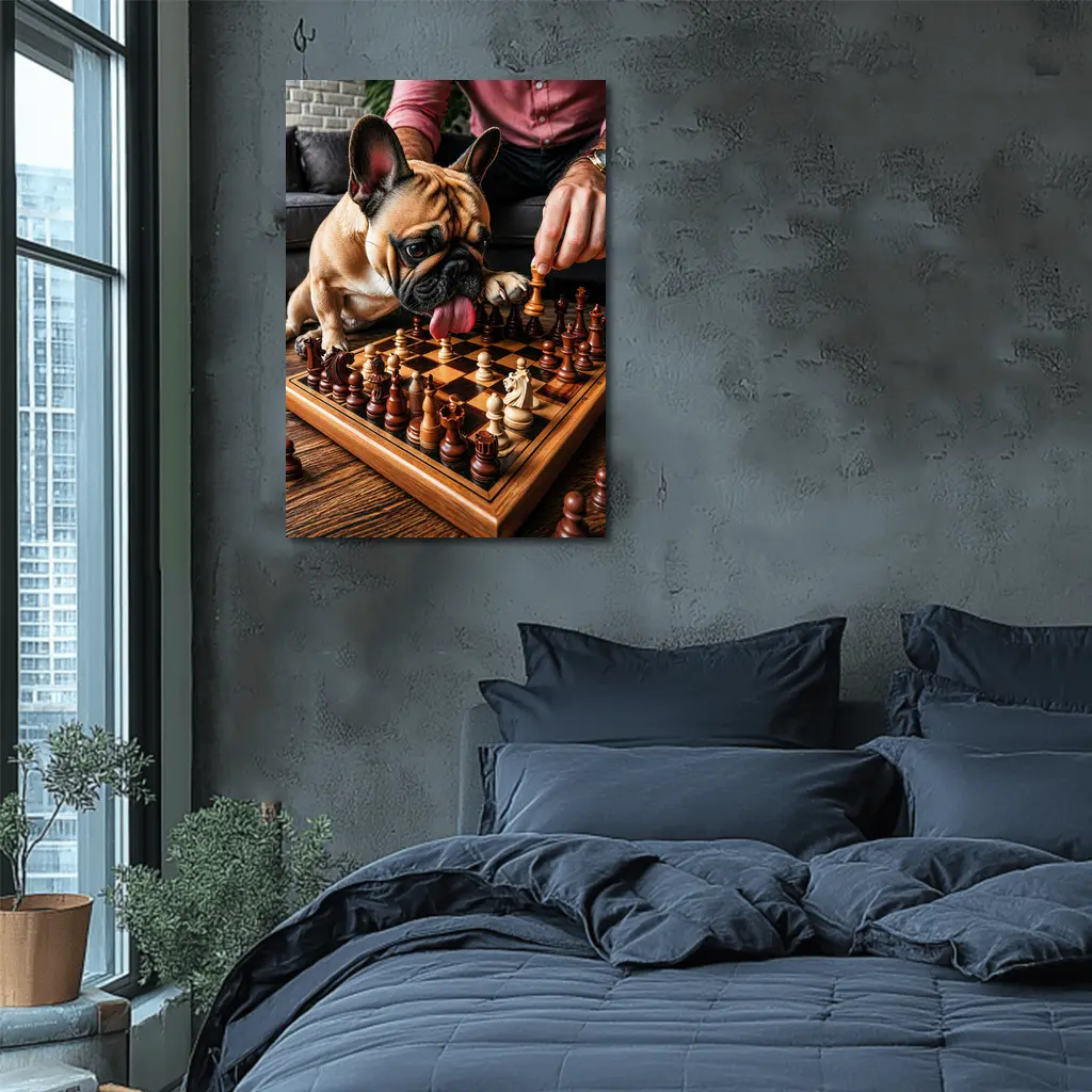 French Bulldog Playing Chess Indoor Setting – Wall Art