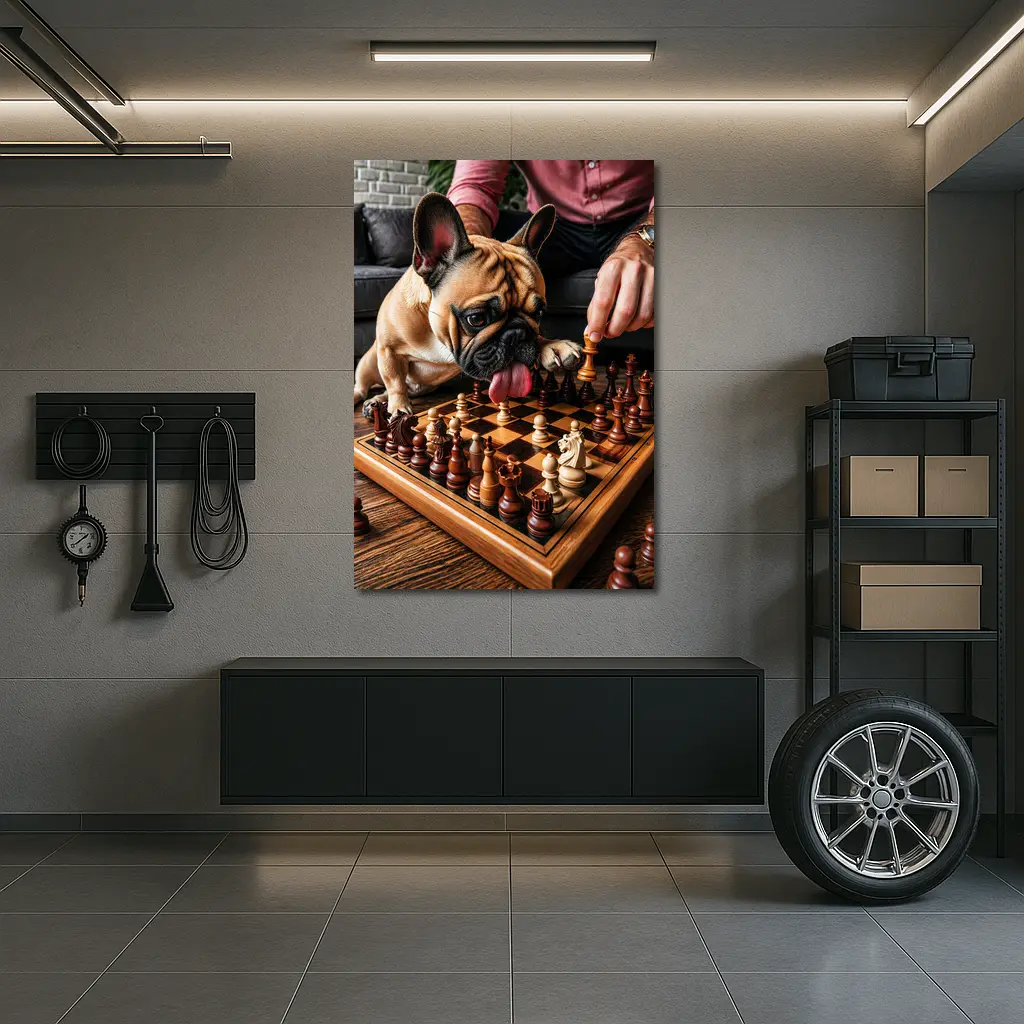French Bulldog Playing Chess Indoor Setting – Wall Art