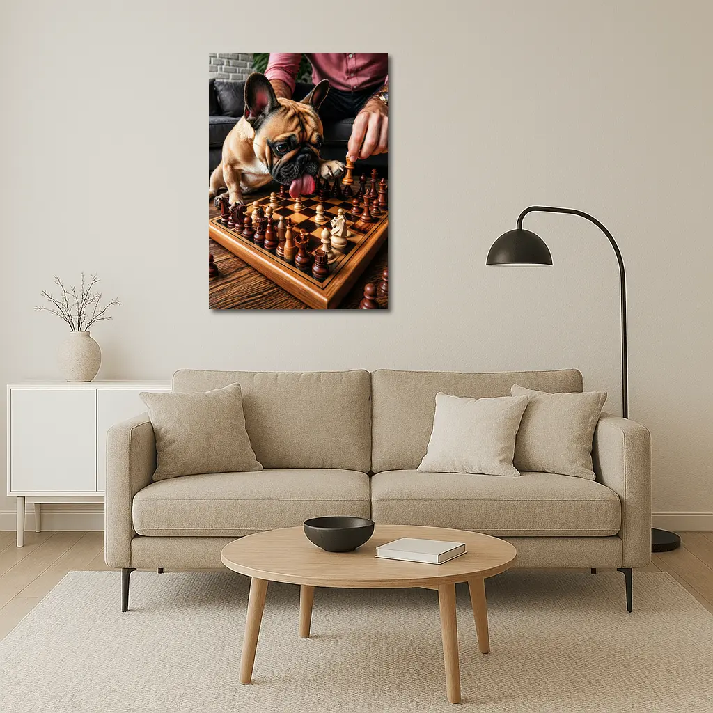 French Bulldog Playing Chess Indoor Setting – Wall Art