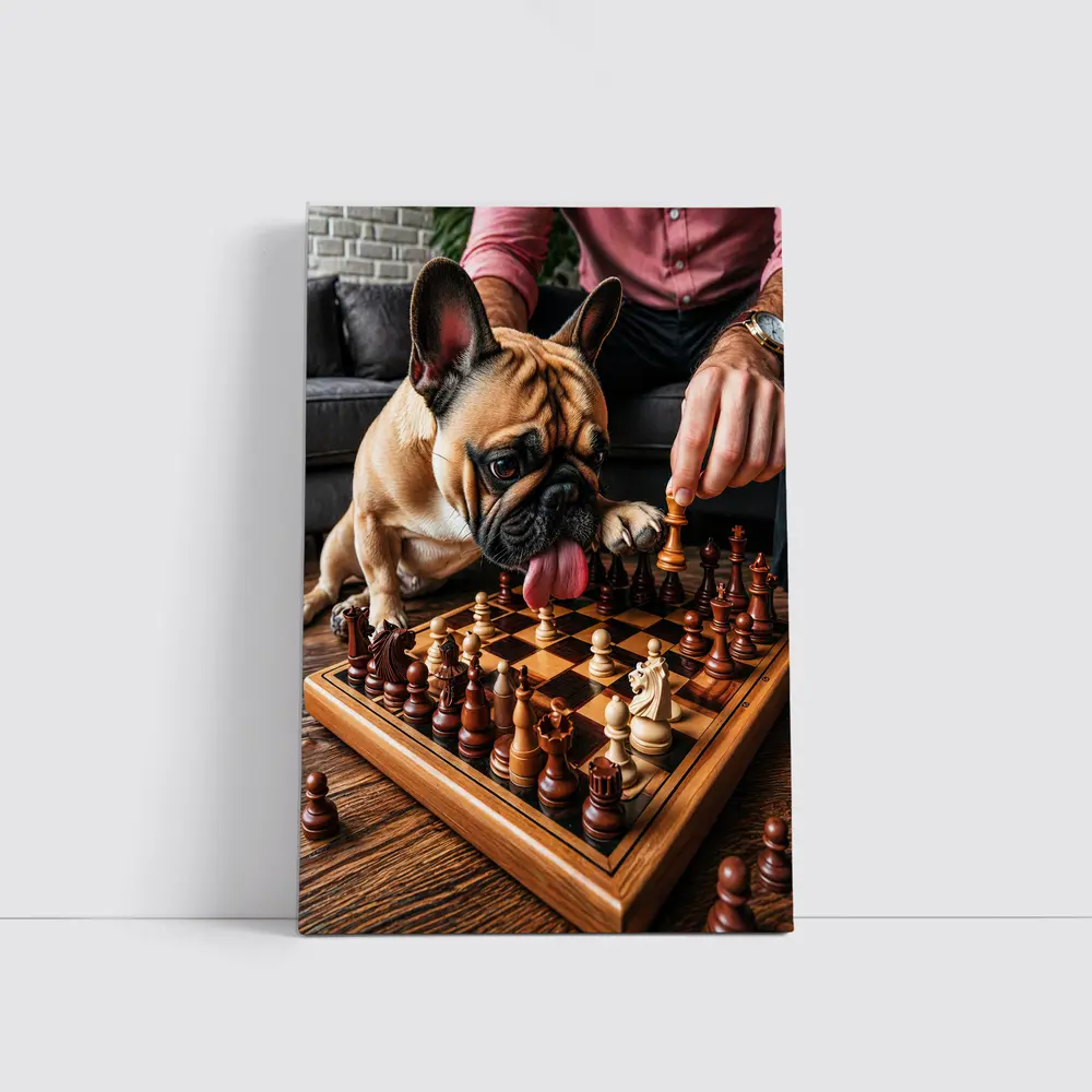 French Bulldog Playing Chess Indoor Setting – Wall Art