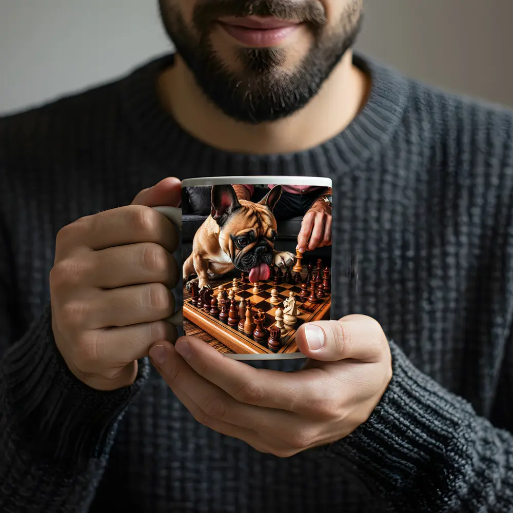 French Bulldog Playing Chess Indoor Setting – Mugs